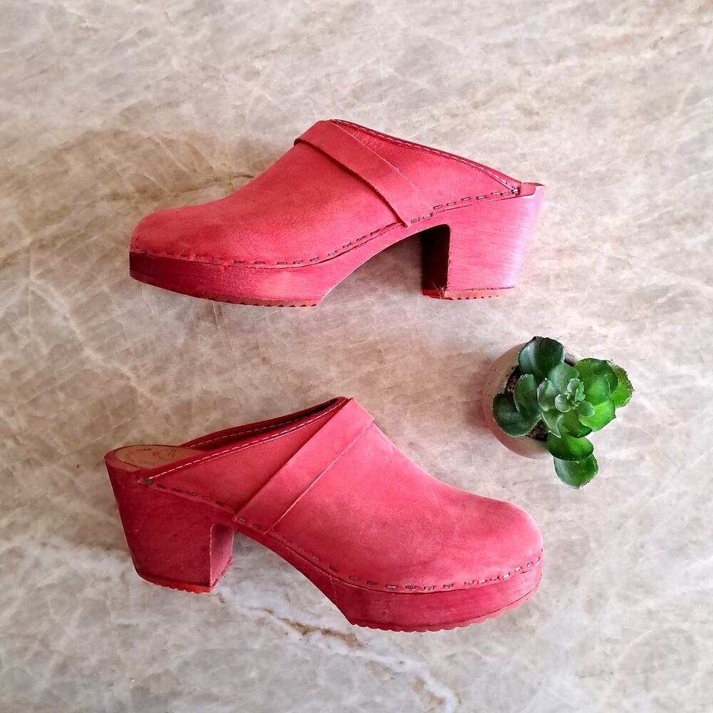 Red Suede Clog Mules with Block Heel